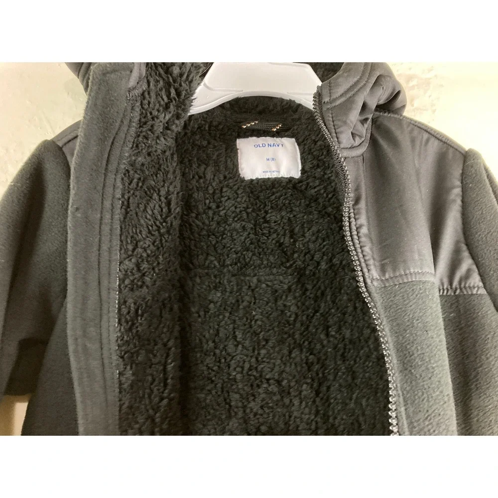 NWT Old Navy Hooded Fleece Jacket Kids Boy M 8 Black Sherpa Lined Mixed Media